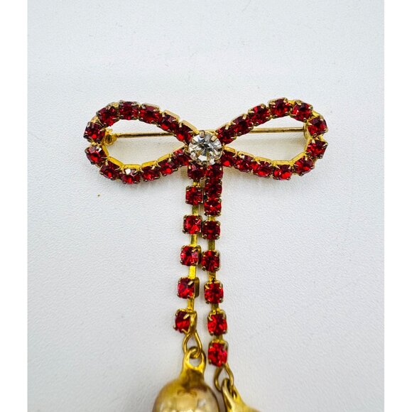 VTG Christmas Bow And Bells White Red Gold Tone Brooch - Picture 2 of 5